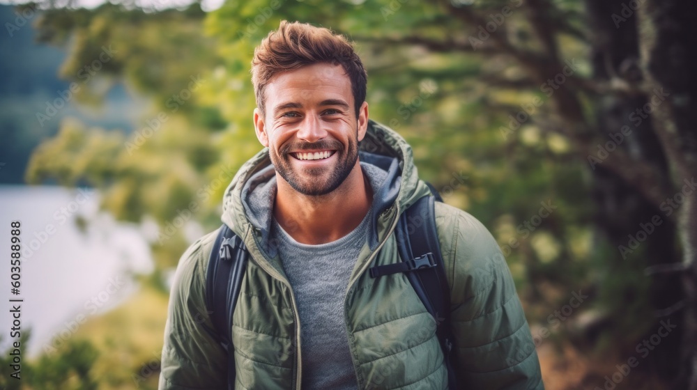 Man in casual outdoor gear smiling natural light. Generative AI.
