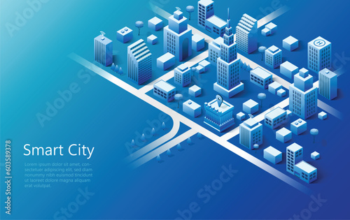 Isometric smart city design concept. Business center with skyscrapers and intelligent buildings.