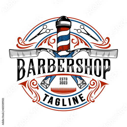 Barbershop logo. Illustration of razor tool with barbers pole, vintage style perfect for barber or hair salon	