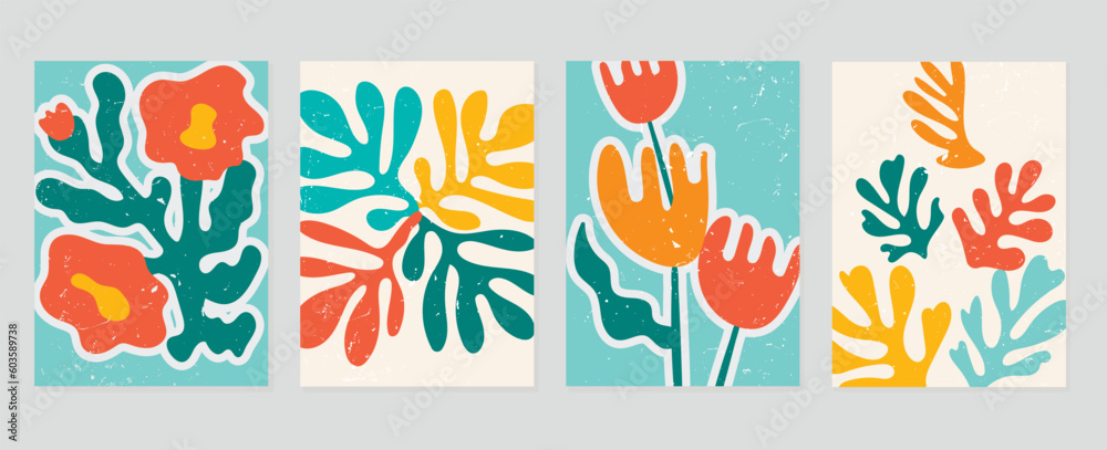 Fototapeta premium Set of abstract cover background inspired by matisse. Plants, leaf, flower, coral, grunge texture in hand drawn style. Contemporary aesthetic illustrated design for wall art, decoration, wallpaper.
