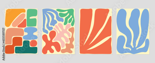 Set of abstract cover background inspired by matisse. Plants, leaf branch, coral in hand drawn style. Contemporary aesthetic illustrated design for wall art, decoration, wallpaper.