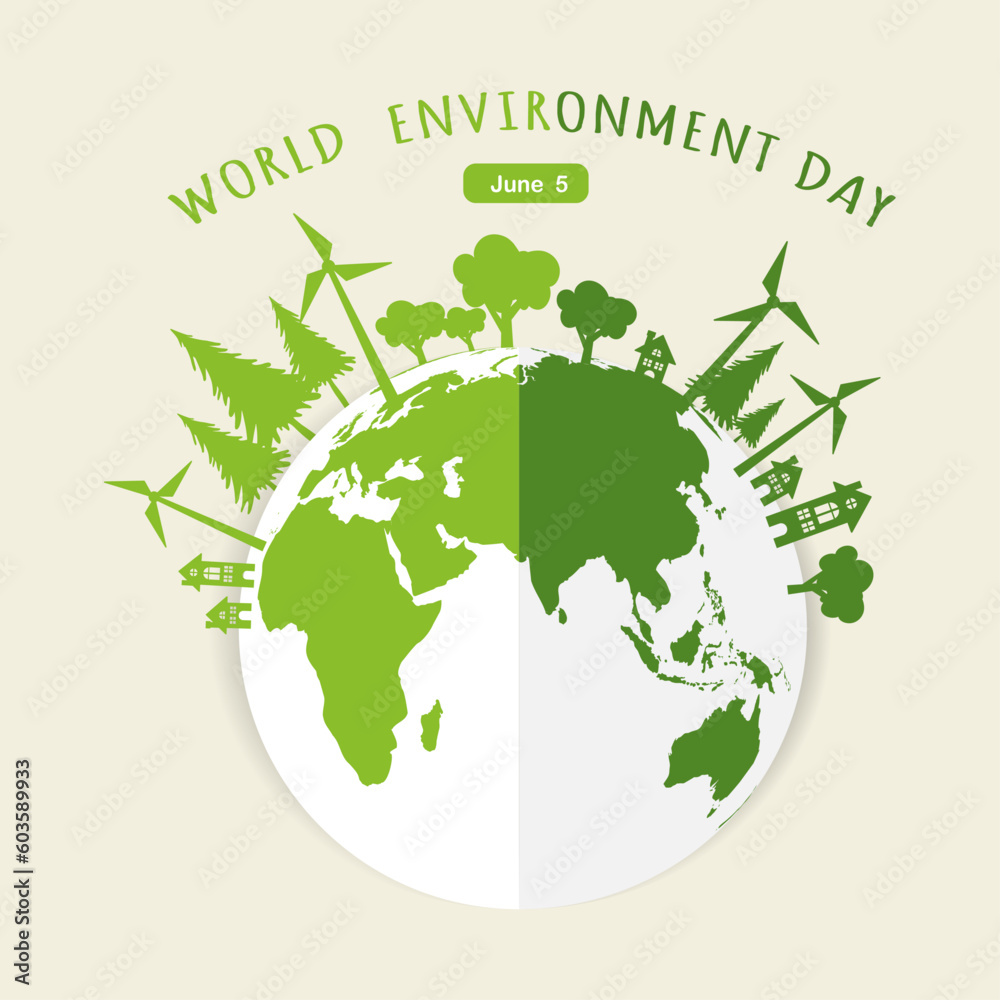 world environment day  june 5 concept in illustrator. green world with windmill, house and trees in origami paper design. 