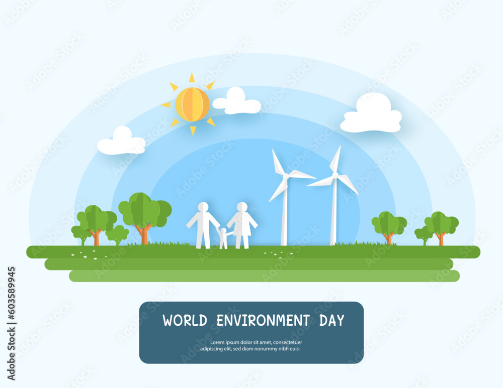 Fototapeta premium happy family on the green grass in clean air with windmill, sun, clouds and trees in origami paper design. world environment day june 5 concept in illustrator.