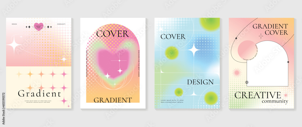 Fluid gradient background vector. Cute and minimal style posters with colorful, geometric shapes, halftone and liquid color. Modern wallpaper design for social media, idol poster, banner, flyer.