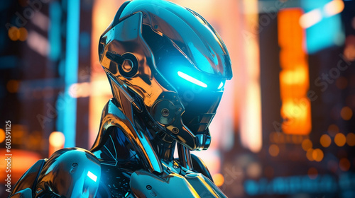 close-up shot of a futuristic robot with sleek metallic textures and glowing neon lights, showcasing advanced artificial intelligence capabilities and cutting-edge technology