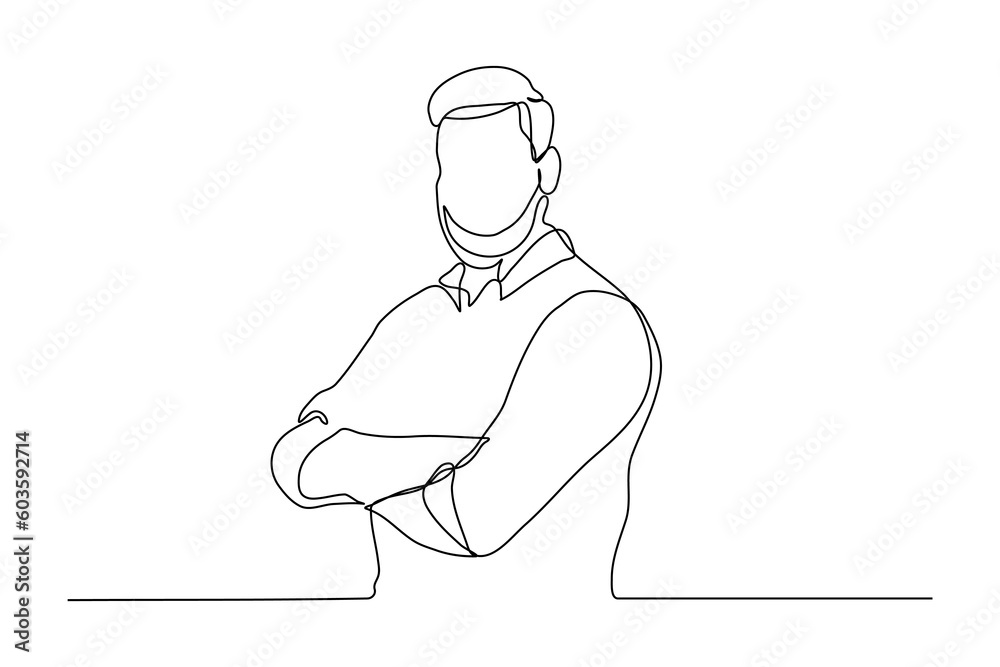 Businessman standing with his arms crossed. Single line drawing