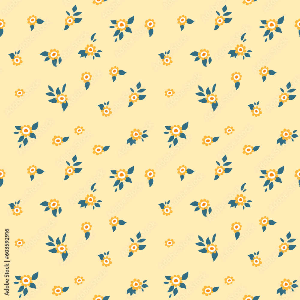 A pattern of orange flowers with green leaves. Seamless floral vector repeating pattern on yellow background. A pattern of orange flowers with green leaves. Seamless floral vector repeating pattern on yellow background.