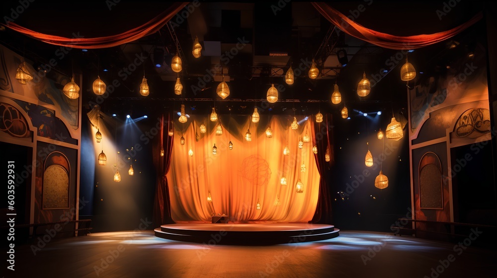 Theater stage setup complete with theatrical lighting. The dramatic atmosphere, attention to