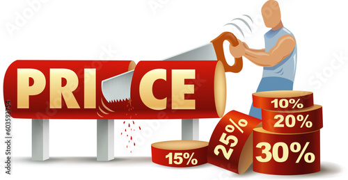 Vector Illustration, Sale And Discounts Cut Prices. Man is sawing from price different value of percents
