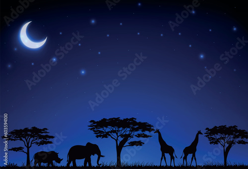 starry night background with crescent moon tree and wild animals