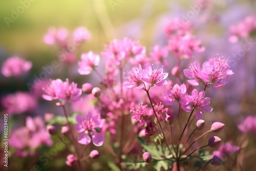 Blissful spring fantasy  mesmerizing wild pink flowers flourishing against a dreamy blurry background  beautiful art of generative ai