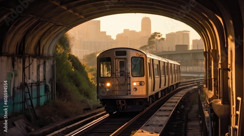 Los Angeles metro train makes its way into a tunnel as the sun sets on the horizon. Generative AI