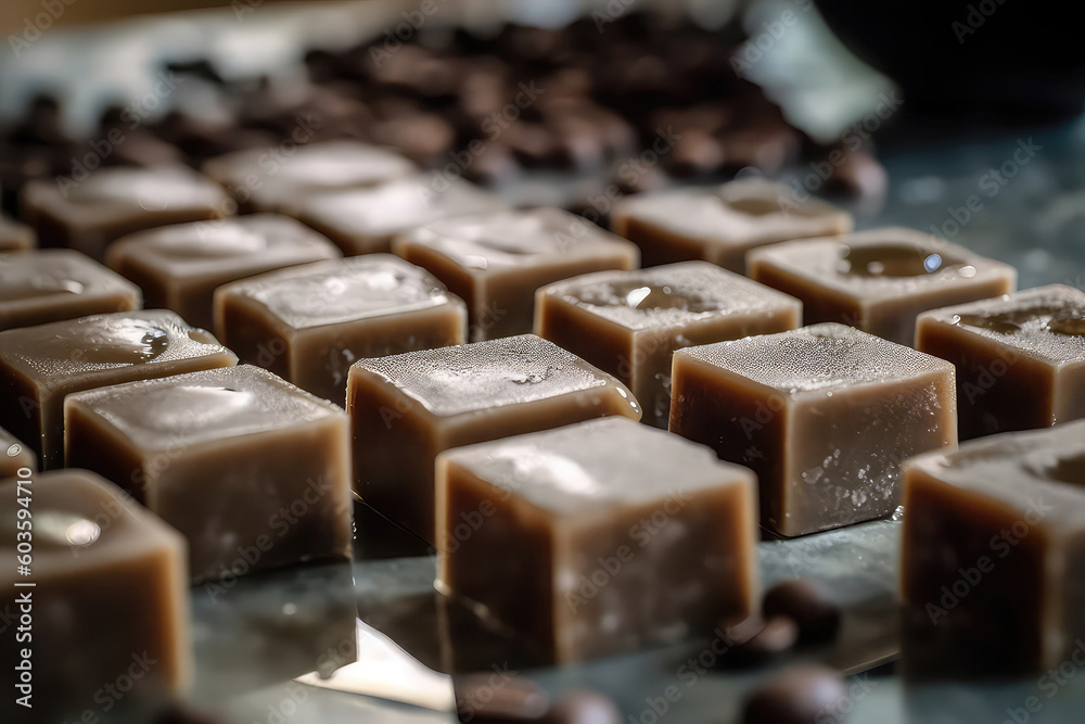 Closeup Of Nitrogenfrozen Coffee Cubes Ready To Be Added To Drinks. Generative AI Closeup Of Nitrogenfrozen Coffee Cubes Ready To Be Added To Drinks. Generative AI
