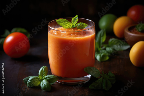 Chilled Tomato Smoothie With Mint Leaves Garnished On Top. Generative AI