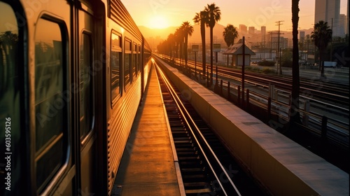 Los Angeles metro train makes its way into a tunnel as the sun sets on the horizon. Generative AI © piai