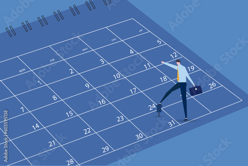 End of the month for salaryman concept, tiny office worker, guy standing on pin and looking at number 31, waiting days to get paid and pay days. Vector illustration.