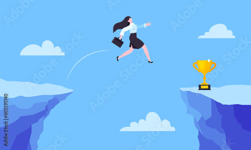 Businesswoman jumps over the abyss across the cliff flat style design vector illustration. Business concept of fearless businesswoman with courage. Risk, goal achievement, work obstacles and success.