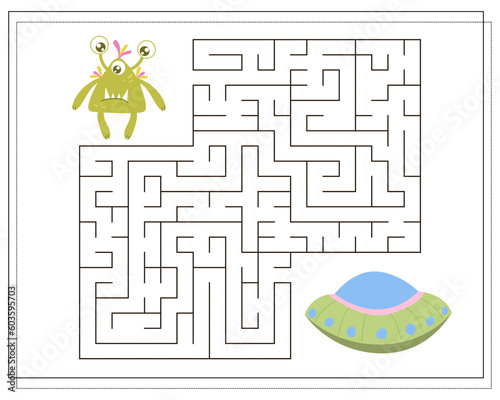 Maze, an educational game for children. Find the way from the cartoon monster to the flying saucer. Vector illustration