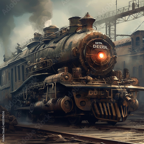 old locomotive, generative, ai, steampunk, Dieselpunk,
