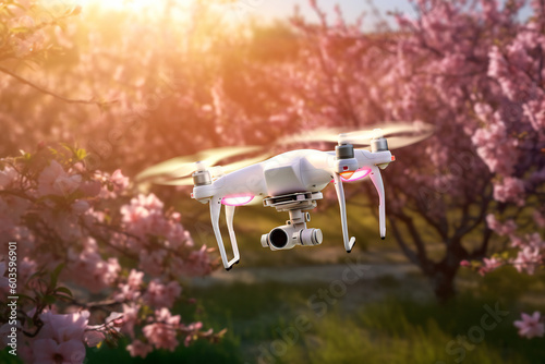 A flying drone in an apple orchard, created with generative AI .