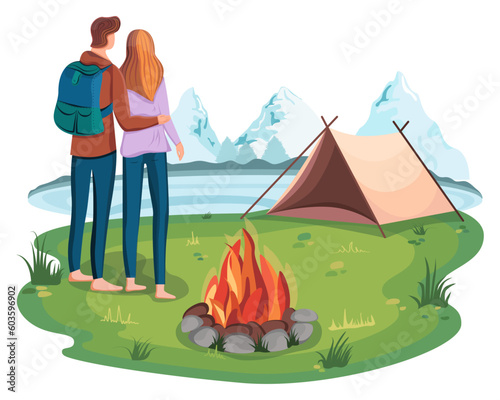 Camping by the lake with a tent by the fire. A couple in love spending a weekend in nature. Outdoor tent camping next to a forest, lake and rocks. Guy and girl enjoying the scenery. Vector