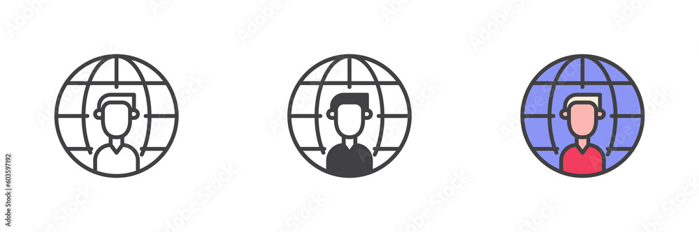 Man and globe different style icon set Man and globe different style icon set