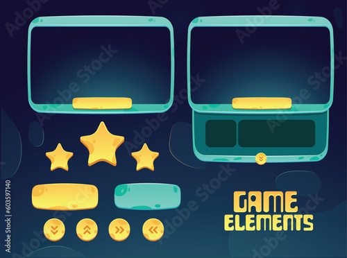 live streaming overlay for gamers. cartoon stone border webcam overlay. fun and lively colors with buttons on and off and stars along with directional arrows. game elements for user interface.