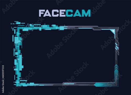 Gamine and streaming facecam overlay with pixels detaching from the border or frame. can be used by gamers who stream live sci fi games and wants a futuristic overlay for their web cam. 