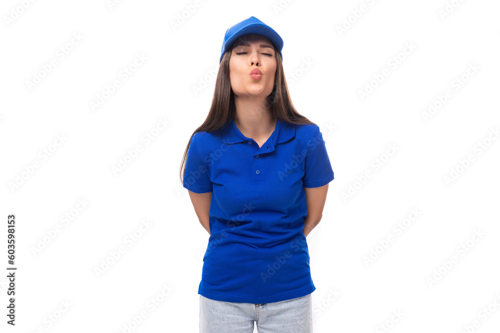 slim young caucasian brunette woman in uniform t-shirt and cap with space for printing on fabric slim young caucasian brunette woman in uniform t-shirt and cap with space for printing on fabric
