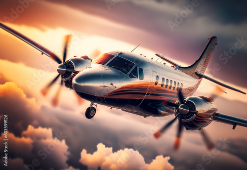 Small passenger propeller plane flying in the sky at sunset. Generative AI 