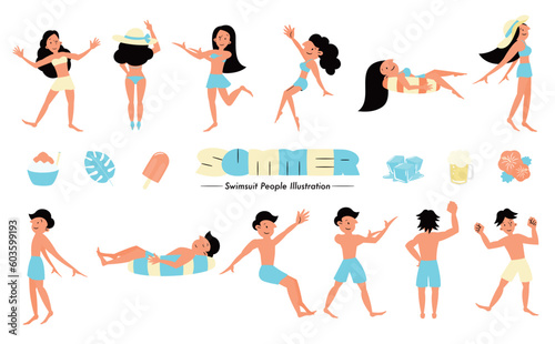 シンプルで可愛い夏の水着の男女の人物イラストと涼を感じるベクターアイコンセット_水色_顔あり