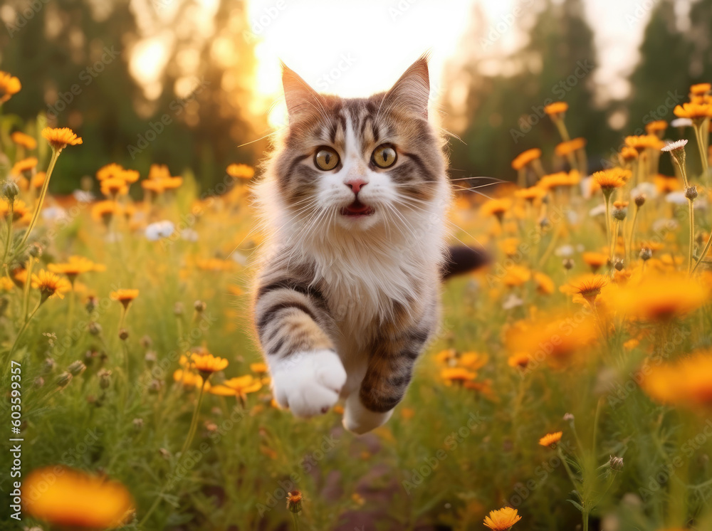 Funny and happy cat jumping on a flower meadow