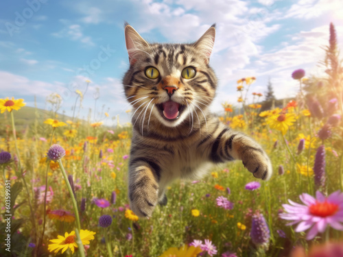 Funny and happy cat jumping on a flower meadow