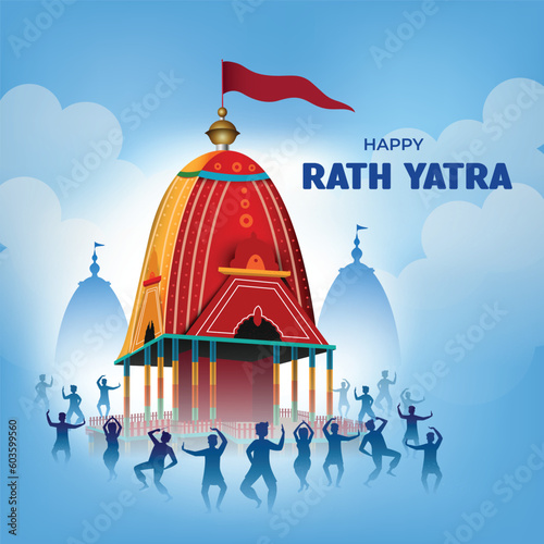 illustration of Lord Jagannath, Balabhadra and Subhadra on annual Rathayatra in Odisha festival background