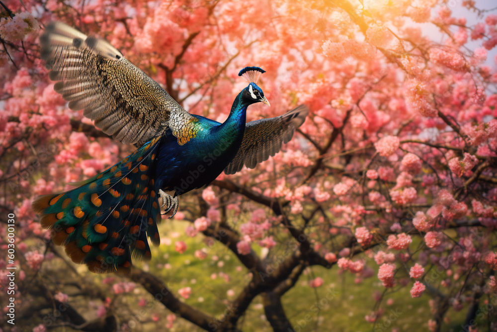 Obraz premium A peacock in a garden of blooming apple trees, created with generative AI .