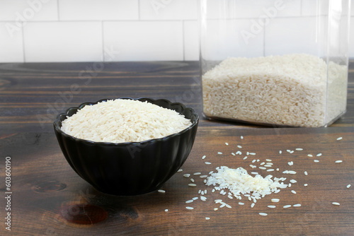 Raw long grain white rice in bowl
