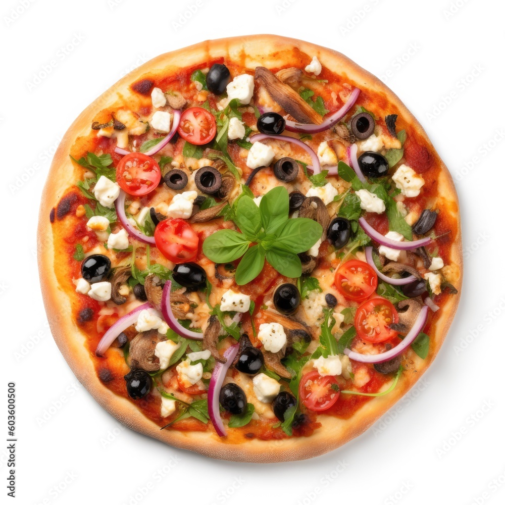 Greek pizza Top View Isolated on White. Generative AI