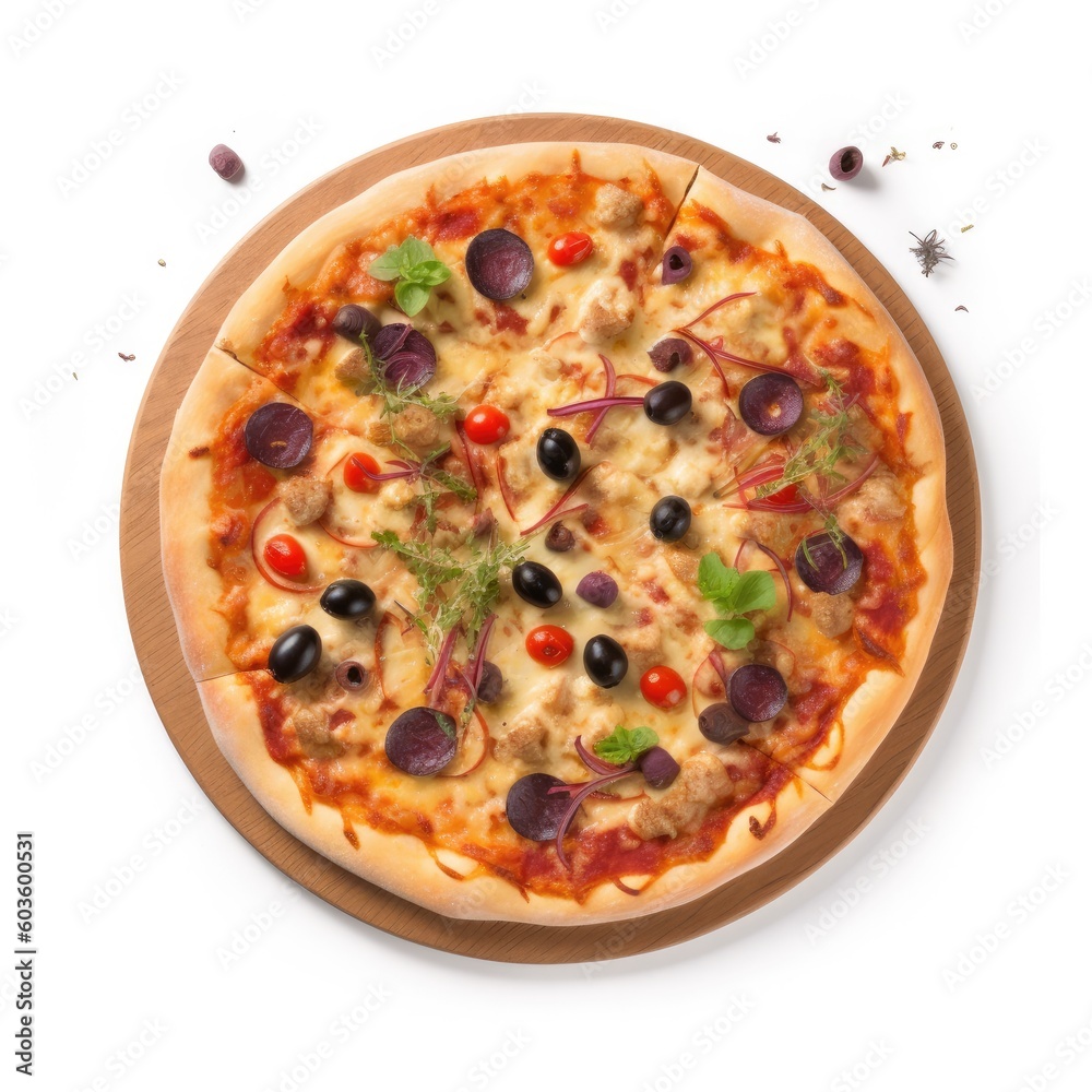 Supreme pizza Top View Isolated on White. Generative AI Supreme pizza Top View Isolated on White. Generative AI