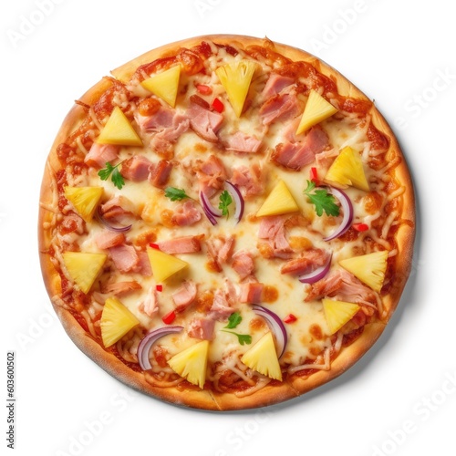 Hawaiian pizza Top View Isolated on White. Generative AI
