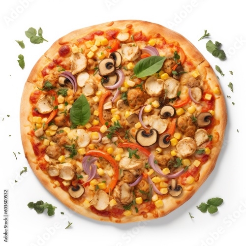 Veggie pizza Top View Isolated on White. Generative AI