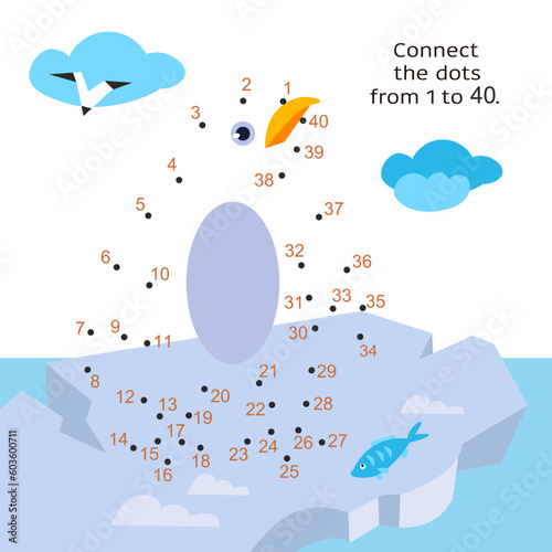 Connect the dots from 1 to 40. Educational game for kids. Cute penguin on an ice floe. Activity page for children. Vector illustration.