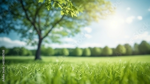 A vibrant and sunny day reveals a stunning blurred background image of spring nature, including fresh grass, trees, and a blue sky with clouds, Generative AI