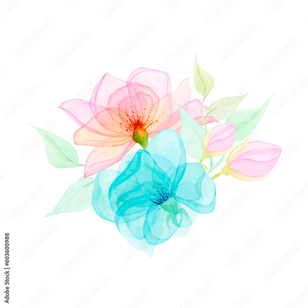 Obraz premium Watercolor drawing of half-transparent clear blue and purple flowers and blossoms with stems and leaves on white background. Nice picture for illustration, stickers, cards, scrapbooking