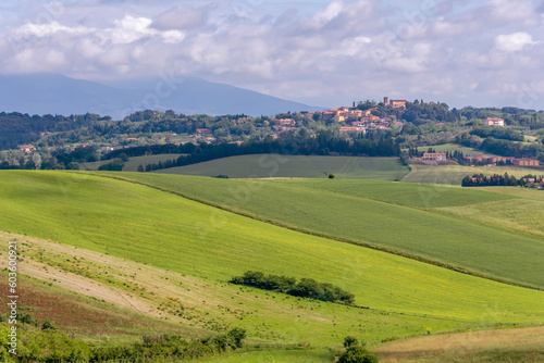 The Orciano Pisano countryside with Lorenzana in the background, on a sunny spring day, Pisa, Italy