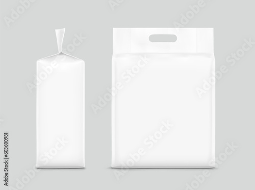 Stand bag with handle mockups. Vector illustration. Ready for your design. Suite for the presentation of diaper, pants, wet wipes, foods, household, etc. EPS10.