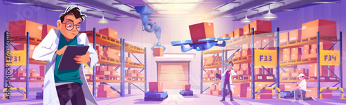 Warehouse factory room and worker writing on clipboard vector. Manufacture worker inside storage with modern drone delivery and robot hand automation logistics. Stockroom interior with parcel and box