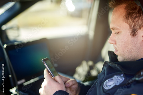 Tela Police, officer and man texting with phone in patrol car for security contact, law enforcement update and mobile notification