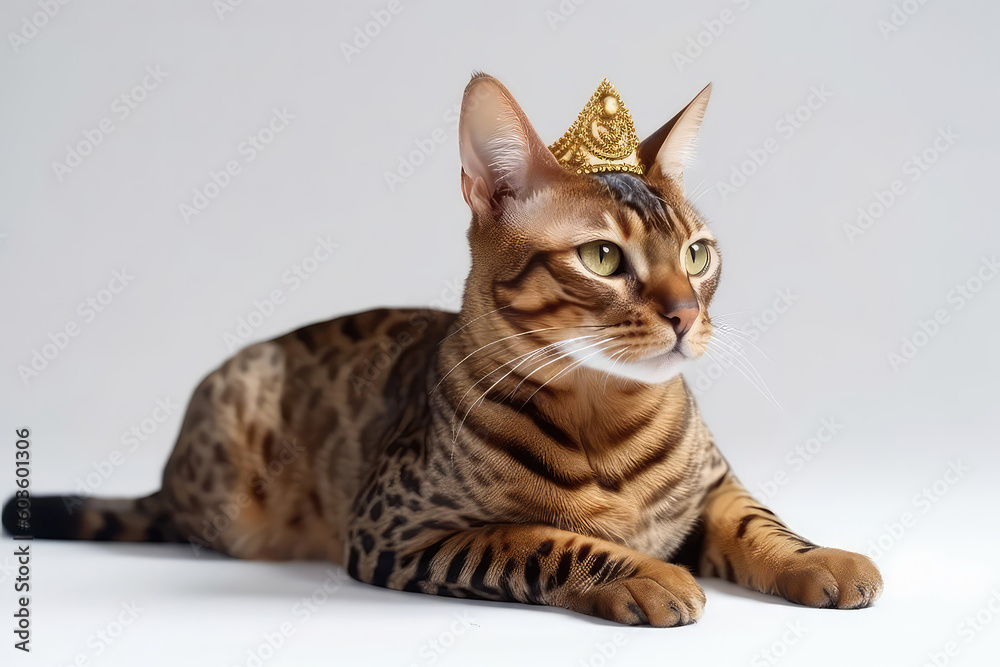 Obraz premium Beautiful Bengal Cat In Gold Crown On White Background. Generative AI