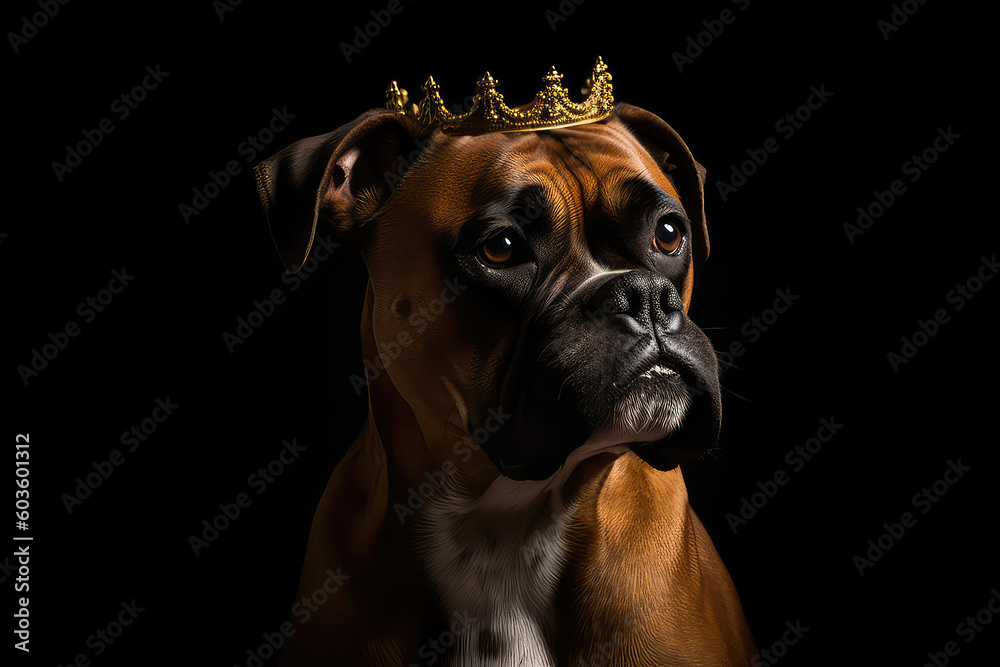 Beautiful Boxer Dog In Gold Crown On Matte Black Background. Generative AI