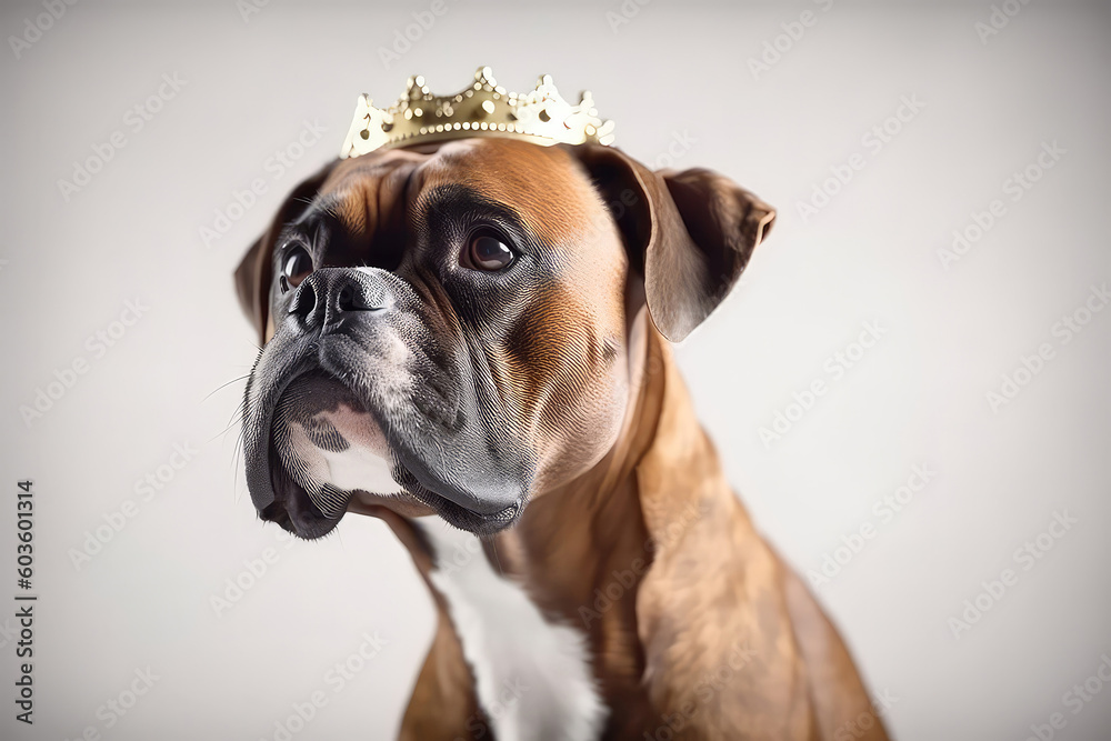 Beautiful Boxer Dog In Gold Crown On White Background. Generative AI